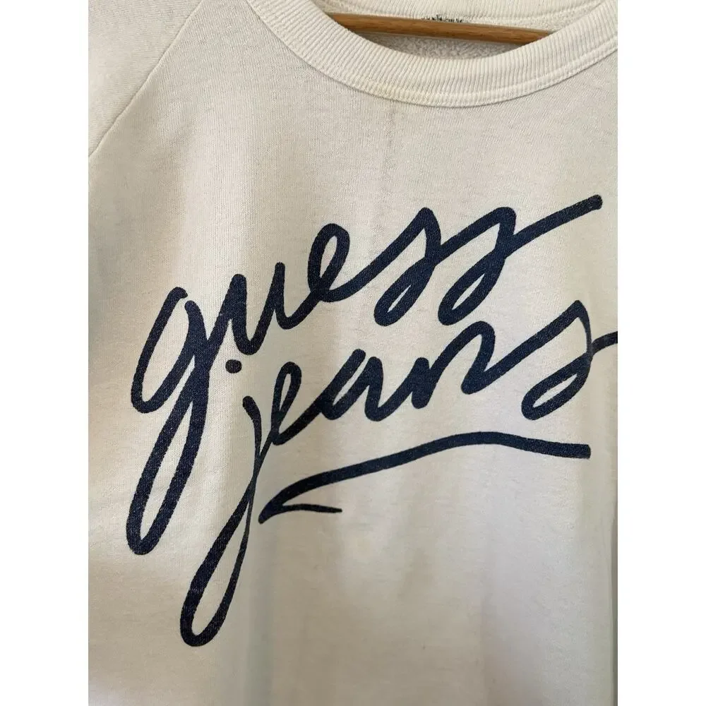 Vintage 90s Guess Jeans Sweatshirt White Blue Spell Out Cut Tag Measures A Lg/XL - Picture 2 of 7